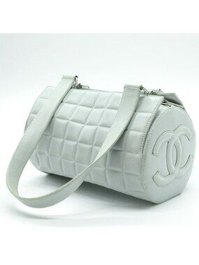 Chanel CC Chocolate Bar Quilted Leather Bowler Shoulder Bag Purse Blue